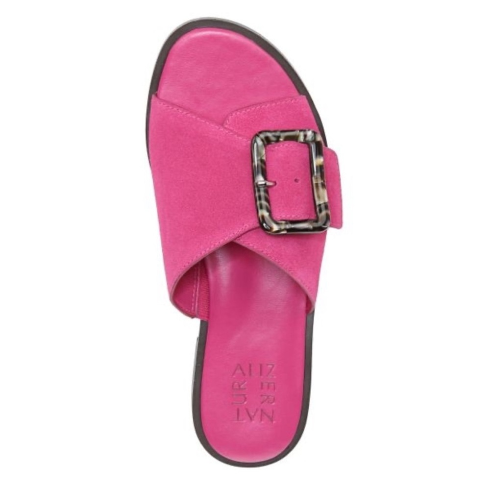 Naturalizer Forrest Suede Fuchsia Pink Mules Slide Sandals w Decorative Buckle